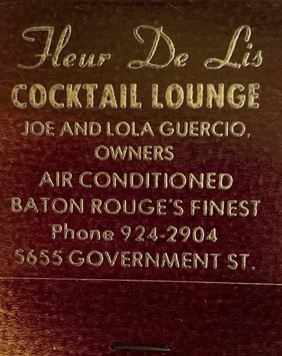 Vintage matchbook cover from the Fleur de Lis Pizza, and Cocktail Lounge, at 5655 Government Street in Baton Rouge, Louisiana