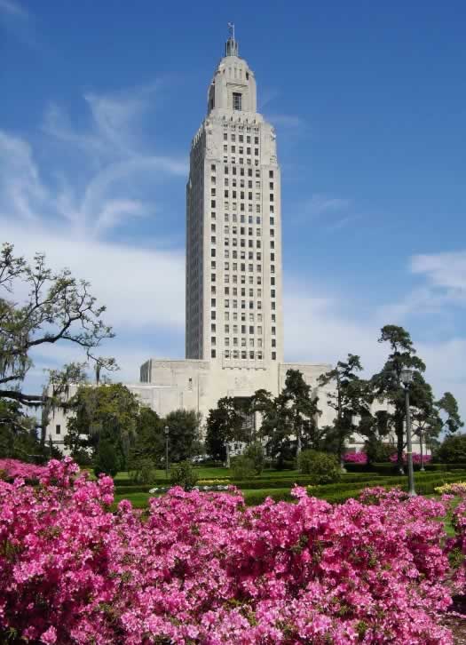 The Louisiana State Capitol as seen in the spring of 2005 with azaleas in full bloom