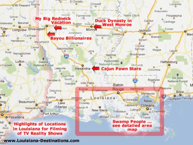 Map of Reality TV Shows Filmed in Louisiana ... Swamp People, Cajun Pawn Stars in Alexandria, Bayou Billionaires near Shreveport