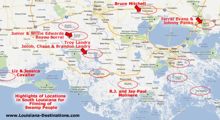Map of Swamp People Filming Locations in South Louisiana - Pierre Part, Pecan Island,  Bayou Sorrel, Bayou Conway, Ponchatoula, Houma