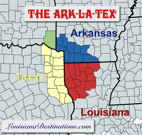 Map showing the Ark-La-Tex counties in Arkansas and Texas and Louisiana parishes