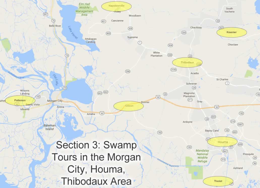 Map showing locations of swamp tours near Houma, Thibodaux and Morgan City in Louisiana