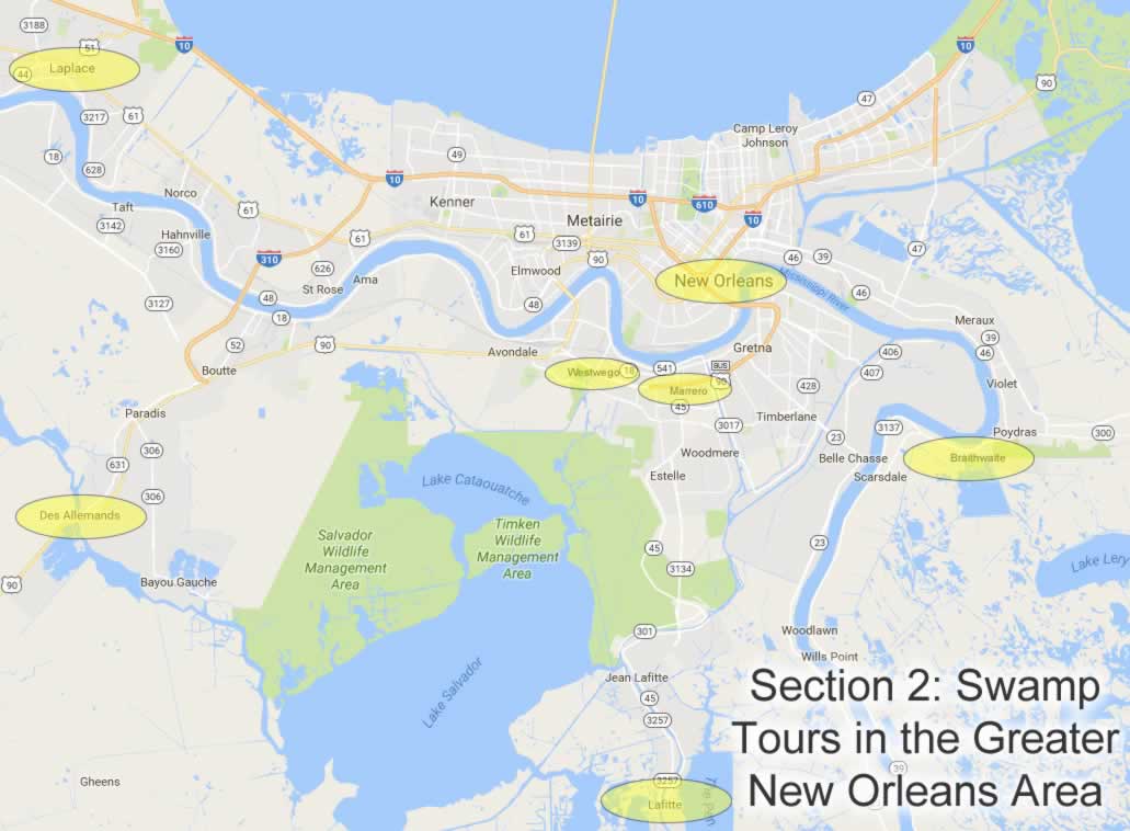 Map showing locations of swamp tours in the Greater New Orleans area in Louisiana