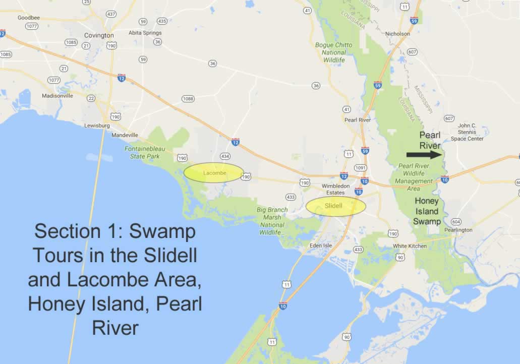 Map showing locations of swamp tours near Slidell, Honey Island and the Pearl River in Louisiana