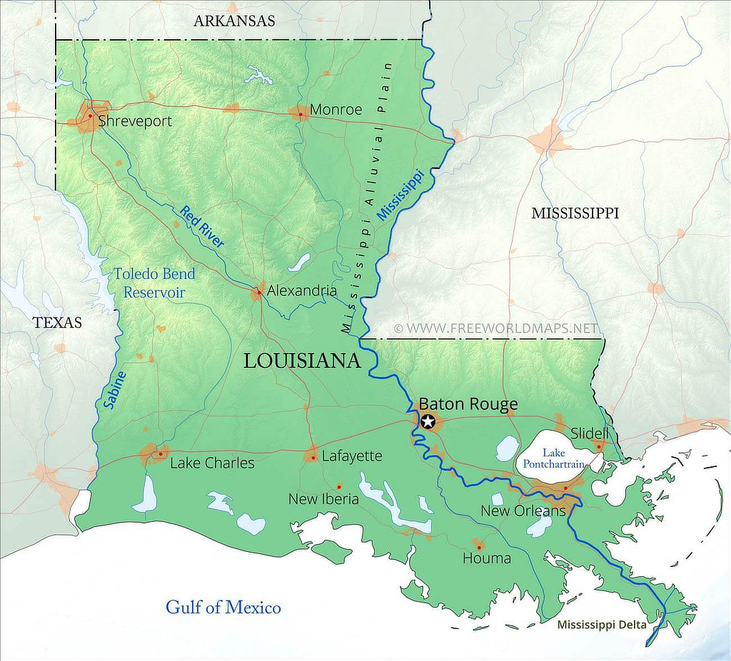 Map of the State of Louisiana showing major cities and rivers