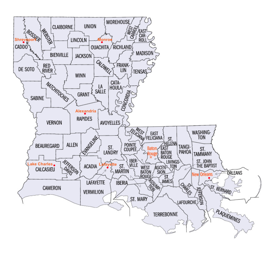 Map showing the 64 Parishes in Louisiana