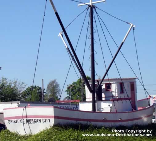 The Spirit of Morgan City boat in the median, Morgan City, Louisiana