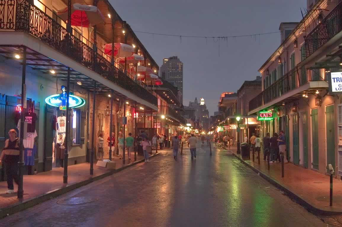 Bourbon Street at night in the French Quarter