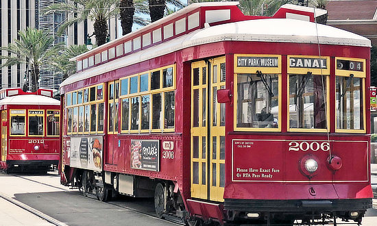 The Red Streetcars on Canal Street in New Orleans