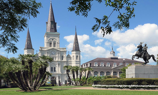 Jackson Square and the Cathedral Basilica of Saint Louis King of France in New Orleans, Louisiana