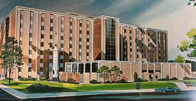 Architect's drawing of the new 8-story men's dormitory at Louisiana Polytechnic Institute in Ruston, Louisiana (circa 1966). Later named Caruthers Hall.