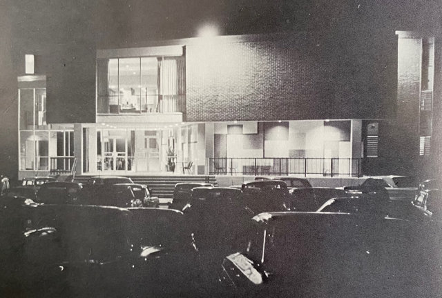 Hutcheson Hall men's dormitory, built in 1964, seen here at night, during study hours, at Louisiana Polytechnic Institute in Ruston, Louisiana (circa 1969). It housed 400 male students.