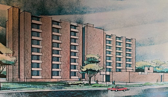 Architect's drawing of the new 8-story women's dormitory at Louisiana Polytechnic Institute in Ruston, Louisiana (circa 1966). Later named Kidd Hall.