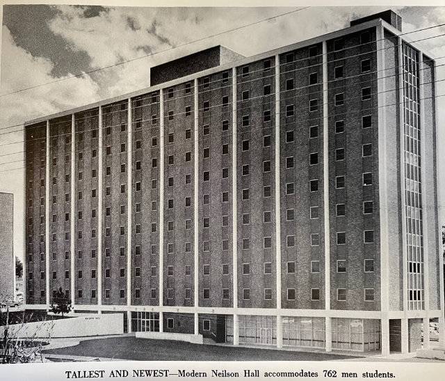 Architect's drawing of the new 11-story men's dormitory at Louisiana Polytechnic Institute in Ruston, Louisiana (circa 1969). Later named Neilson Hall.
