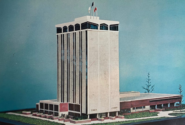 Architect's drawing of the proposed 16-story Tower of Learning at Louisiana Polytechnic Institute in Ruston, Louisiana (circa 1969). 