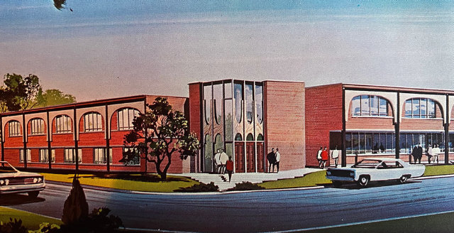 Architect's drawing of the new School of Business Administration Building at Louisiana Polytechnic Institute in Ruston, Louisiana (circa 1965)