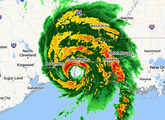 Hurricane Laura at landfall near Cameron, Louisiana, on August 27, 2020