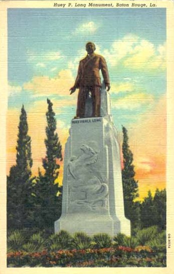 Historic postcard showing the Huey P. Long memorial, Louisiana State Capitol Grounds, Baton Rouge